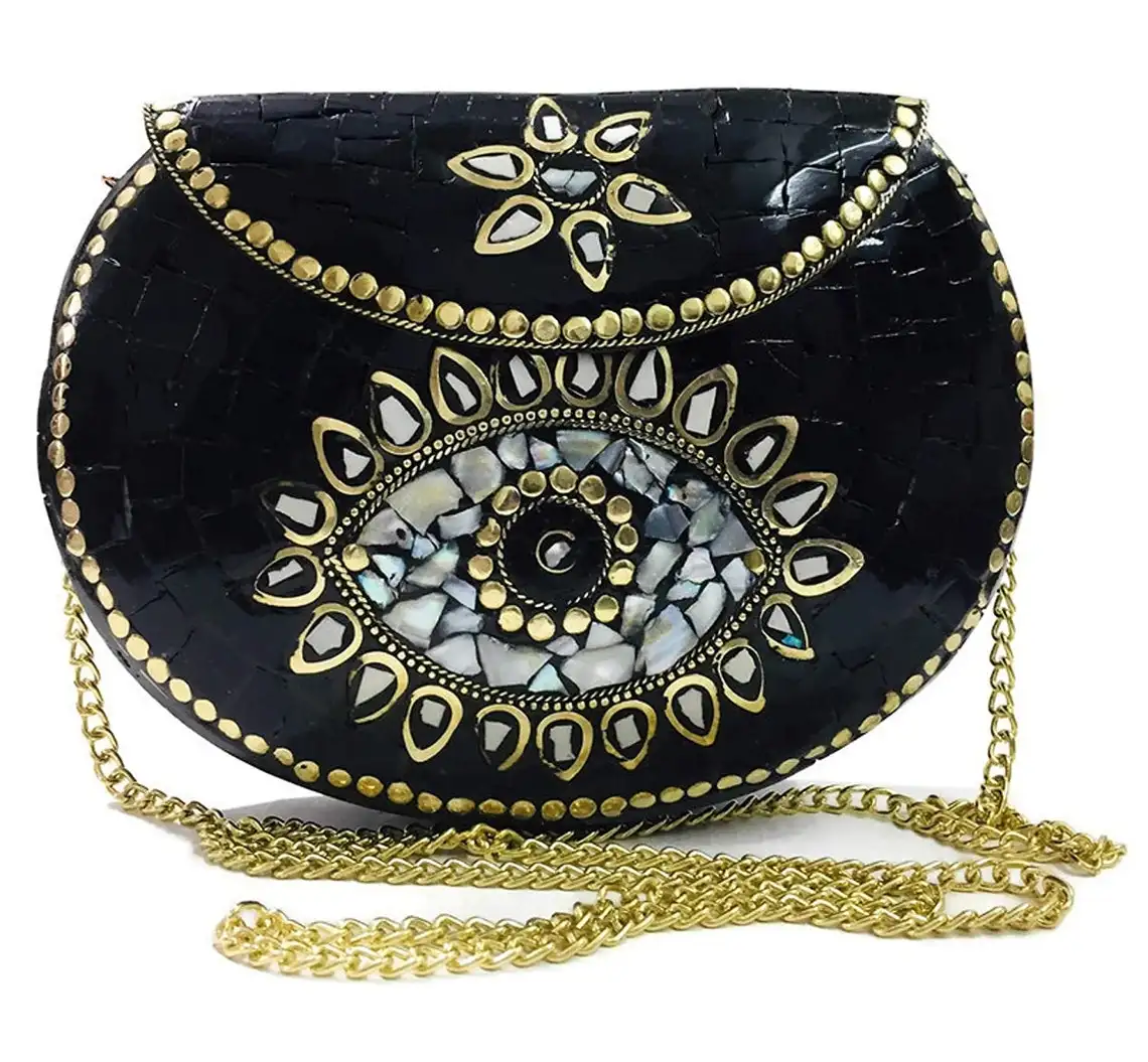 Pochette en mosaïque mauvais œil de couleur noire pour femme avec incrustation de style traditionnel