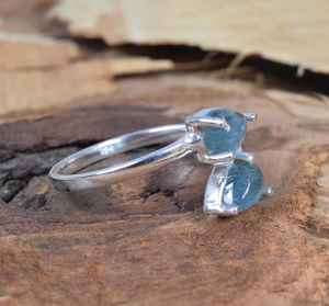 Aqua <b>Tourmaline</b> Sterling Silver Adjustable Ring Boho Gemstone Jewelry Rhodium Plated Luxury US Size 9 Handmade Gift for Women - Product Image 2
