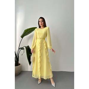 Vestido Midi Amarillo Sólido de Gasa Tejida con Cinturón y Lazos en la Cintura Natural - Product Image 1