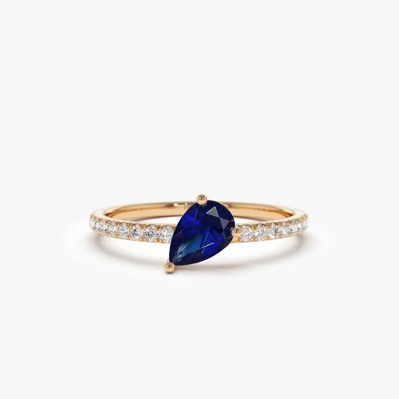 14k Gold Pear Shape and Diamond Ring Teardrop Blue Sapphire Engagement Ring Unique Promise Ring Push Present