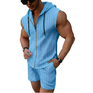 Conjunto Casual de Dos Piezas para Hombre, Verano, Transpirable, Chaleco sin Mangas, Pantalones Cortos con Camisa con Capucha y Cierre - Product Image 3