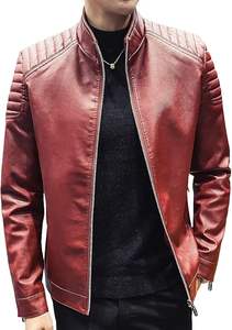 Veste en faux cuir coupe ajustée à col montant pour hommes, veste de motard décontracté - Product Image 4