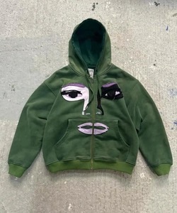 Sweat-shirts à capuche zippés pour hommes, coupe ajustée, respirants, séchage rapide, effet délavé, patchwork appliqué, style Y2K vintage hip-hop - Product Image 2