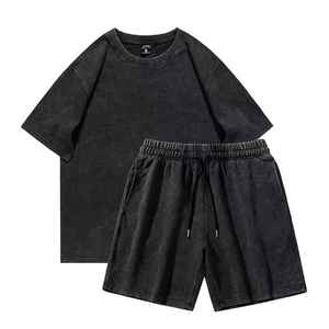 Conjunto de Camiseta y Pantalones Cortos de Algodón Orgánico 100% Lavado al Ácido Vintage para Correr en Verano, Ropa Urbana Personalizada, Conjunto Transpirable de Algodón - Product Image 1