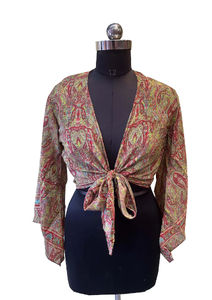 Blusa modesta de seda vintage India hecha a mano estilo bohemio hippie top de verano con mangas acampanadas y abrigo corto frontal beige - Product Image 5