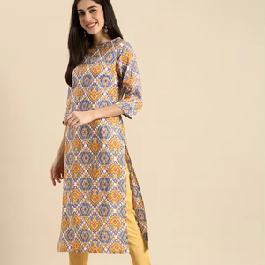 Mujeres étnicas amarillas motivos étnicos impreso puro algodón Kurta con pantalones indio pakistaní salwaar kameez traje - Product Image 1