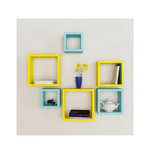 Wooden Nesting Square Shape Floating Wall Shelf Set of 6 for Living Room yellow and blue