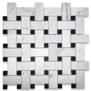 Carrara กระเบื้องโมเสคหินอ่อนสีขาวลายตะกร้ากว้างออกแบบด้วยจุดสีดำ honed สำหรับการเข้าห้องนอนห้องน้ำกระเบื้องแคลเซียมธรรมชาติ - Product Image 1