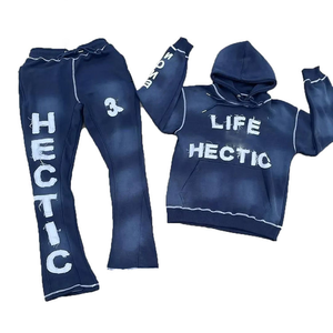 Ensemble de survêtement pour homme grande taille avec logo personnalisé, en molleton épais, sweat-shirt à capuche et pantalon de survêtement en coton délavé à l'acide, deux pièces - Product Image 1