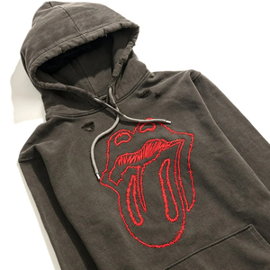 Custom Applique Embroidery Distressed Hoodies <b>Rhinestone</b> Zip <b>Jacket</b> Acid Wash Vintage Washed Men Fleece Solid ODM 2 Pcs - Product Image 3