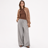 Pantalon large en lin et coton pour femme, gris rayé, décontracté, pour se détendre