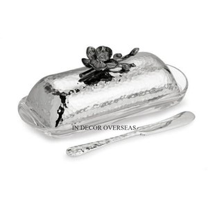 Acier inoxydable poli brillant argenté à texture martelée au look attrayant Gadget de cuisine servant des aliments plat à beurre d'Inde - Product Image 1