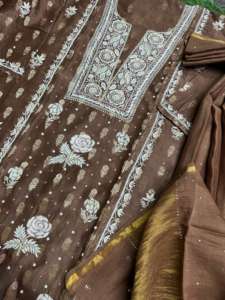 Opulent Elegance Satin Chiniya <b>Silk</b> Knee-Length <b>Dress</b> with Handmade Embroidered Solid Pattern Natural Waistline Chanderi Dupatta - Product Image 4