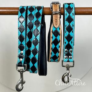 Popular hecho a mano diseñador personalizado Premium lujo mano Tooled negro y turquesa a cuadros collar de perro Correa juegos a juego de 3 piezas - Product Image 1