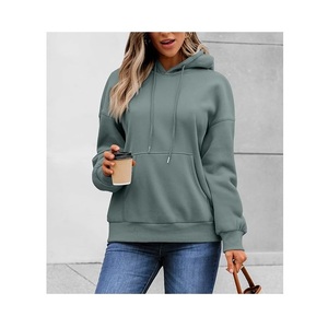 Nueva colección de mujeres 100% algodón manga larga cuello redondo hombro pendiente sólido cómodo pulóver Sudadera CON CAPUCHA DE Bangladesh - Product Image 2