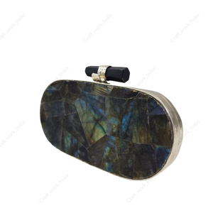 Bolso de Mano Tipo Clutch con Paneles de Labradorita Ovalada, Superficie de Piedra Natural con Destellos, Bolso de Noche de Lujo Hecho a Mano para Mujer, para Bodas - Product Image 3