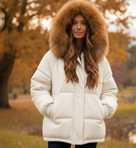 Veste matelassée coupe-vent en cuir véritable à carreaux pour femme avec garniture en fourrure de renard, streetwear d'hiver - Product Image 4