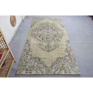 Alfombra de lana Vintage, diseño de retazos en beige y azul, grande, 4x9,1 pies, sala de estar rectangular para, dormitorio, 10mm de grosor con respaldo de látex - Product Image 1