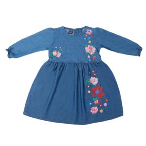 Girls Embroidered Denim Frock - Blue - Product Image 3