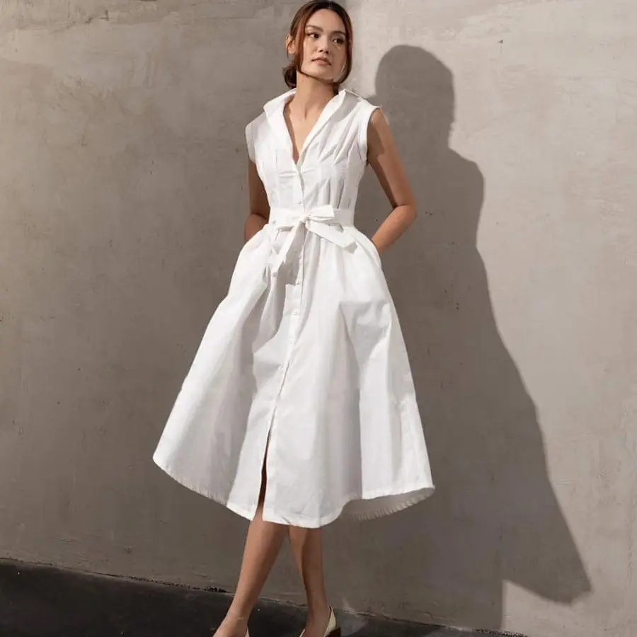 2023 custom Summer fall european clothing OEM elegant vintage Collar Midi Ladies sleeveless Women dress casual 100% Linen Dress