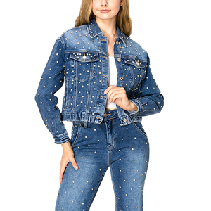 Nouveautés, vente chaude, vestes en jean pour femmes ODM, style décontracté sexy, denim déchiré avec diamants, style vintage d'automne, boutons - Product Image 3