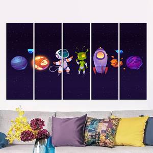 Art spatial vibrant sur le thème des astronautes : Décoration murale sur toile imprimée, lot de 5 toiles - Product Image 1