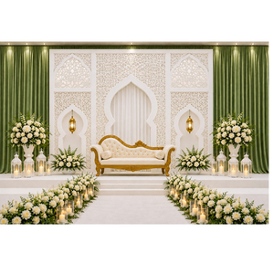 Paneles de fondo para escenario de boda árabe con acabado blanco de lujo, paneles de fondo para escenario de boda con cortinas verdes y decoración floral - Product Image 1
