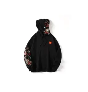 Effen Kleur Japanse Streetwear Dragon Borduurwerk Lange Mouw Ademend Zwaargewicht Fleece Hoodie Mannen Harajuku Kleding Oem