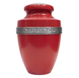 Urnas de cremación de aluminio para adultos con banda de grabado de Peltre y esmalte de color rojo acabado para cenizas humanas. - Product Image 1
