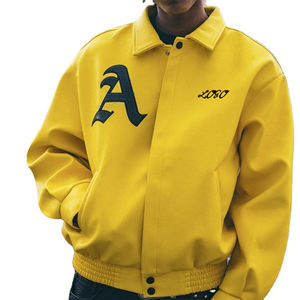 2025 chaqueta de bombardero de béisbol de cuero con logotipo bordado personalizado para hombre, venta al por mayor, patrón de letras - Product Image 3