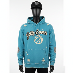 Sudadera con Capucha Premium de Tela de Felpa de 330 g/m², Diseño Desgastado, Color Verde Azulado, Logotipo Bordado en Chenilla Personalizado, Suave y Cálida, Estilo Urbano Básico - Product Image 1