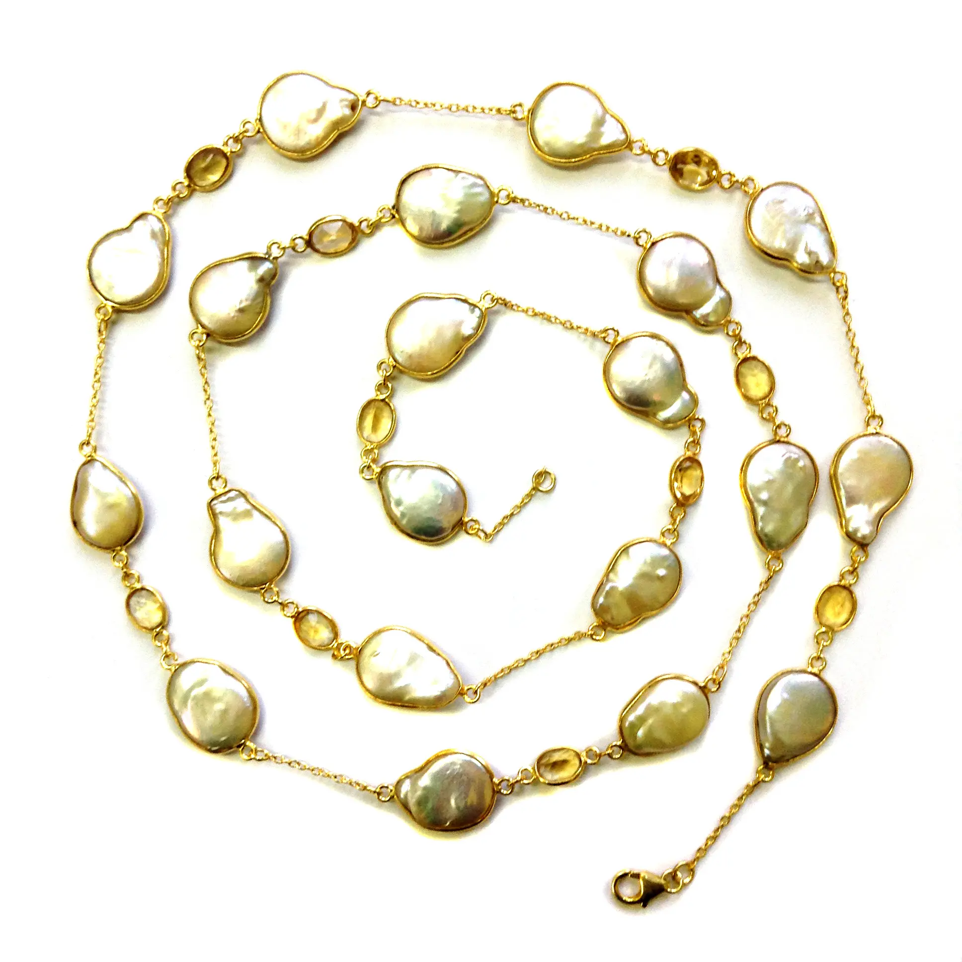 Handmade Baroque Pearl & Citrine Gemstone Necklace 925 Sterling Silver Gold Plated Trendy Fashionable Long Chain Necklace Party