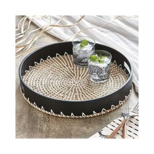 Bandeja redonda grande para servir alimentos en hierro y ratán con revestimiento de polvo negro perfecta para uso en hoteles y hogares - Product Image 2