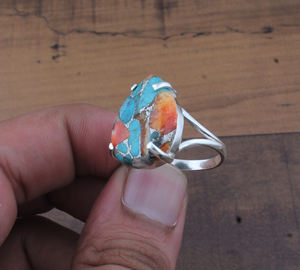 Anillo Bohemio Hecho a Mano de Plata de Ley 925 con Piedras Multicolores, Turquesa, Ostra Espinosa, Gema en Forma de Lágrima - Product Image 2
