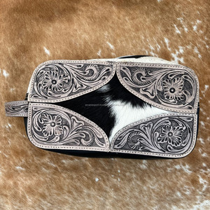 Neceser de cuero de vaca hecho a mano y con herramientas, neceser de viaje para mujer, neceser de cuero genuino, organizador de maquillaje único de estilo occidental - Product Image 3