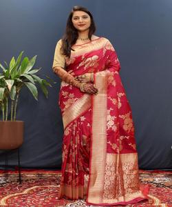 Sari en soie Banarasi avec broderie pour femmes mariées, tenue de soirée, tradition indienne, prêt à porter, prix bas - Product Image 1
