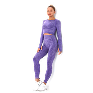 Women <b>Seamless</b> Yoga <b>Set</b> Long Sleeve Crop <b>Top</b> & High Waist <b>Leggings</b> Stretch Fitness Gym Wear <b>Set</b> For Women - Product Image 1