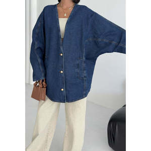 XLove Jeans Women's Oversize Batwing Sleeve Dark Rinse <b>Denim</b> Jacket, Mid-Length Button Closure Street Style <b>Coat</b> - Product Image 2