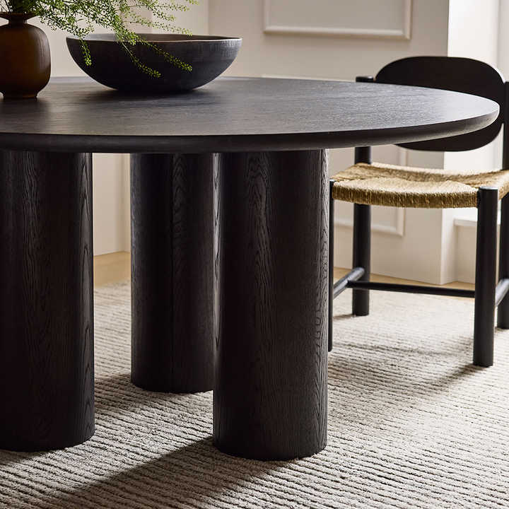 Modern 60" Round Black Solid Oak Wood Dining Table Set 6 Seater Wooden ...