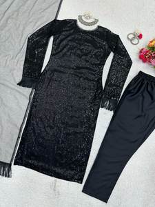 Ensemble trois pièces en Georgette Anarkali Salwar noir de haute qualité avec éclat brillant pour toutes les occasions - Product Image 2