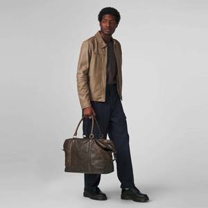 Men Taupe Faux Leather <b>Zip</b>-<b>Up</b> Jacket with <b>White</b> Stripes - Stylish Vegan Leather for Casual Wear - Product Image 1