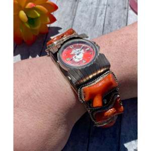 Vintage Southwest Style Natural <b>Red</b> Coral & Sterling Silver Cuff Watch <b>Bracelet</b> Fashionable Cuff <b>Bracelets</b> - Product Image 2