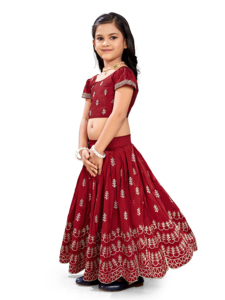 Conjunto de Lehenga Choli Tradicional Bordado con Flores de Shoryam Fashion para Niñas, Color Granate, Mangas Abullonadas, Largo hasta el Suelo, para Fiestas - Product Image 6