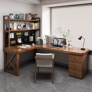 Walnut Solid Wood <b>L</b>-<b>Shaped</b> Executive <b>Desk</b> with Storage Drawers for <b>Office</b> Home Study Manager - Product Image 1