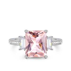Jeulia <b>Emerald</b> Cut Synthetic Morganite Sterling <b>Silver</b> Wedding Gemstone <b>Ring</b> - Product Image 1