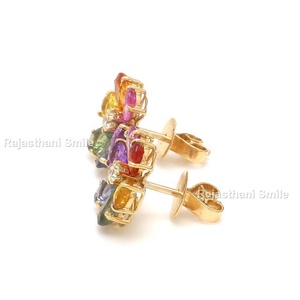 ต่างหูพลอยสีรุ้งธรรมชาติและเพชร14K แข็งสีโรสโกลด์ตัดลูกแพร์ลายดอกไม้ขนาด5x3มม.