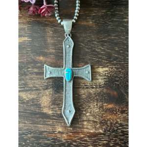 Pendentif en turquoise de Kingman Navajo et argent sterling, en tufa façon pavé, avec sertissage clos, type religieux chrétien - Product Image 1