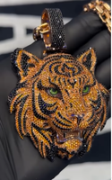 Pendentif Tête de Tigre Iced Out Unisexe en Argent Sterling Plaqué Or avec Moissanite et Pierres Noires et Oranges, Bijou Hip Hop pour Fête