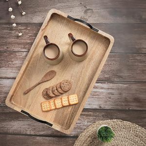 Table basse de salon rectangulaire, plateau à thé, plateau de service alimentaire, plateaux de service décoratifs en bois avec poignées en métal - Product Image 1