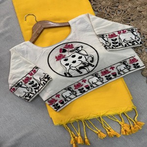 ヴァストラ・コテージ プレミアム・カディ・コットン・サリー、重厚な手刺繍ブラウス付き、エレガントな伝統的なインド民族衣装（女性用） - Product Image 4